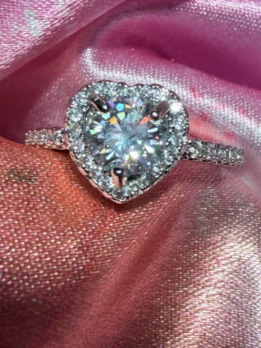 Sparkling Moissanite Heart Shape with Halo and Shimmering Stones on Band
